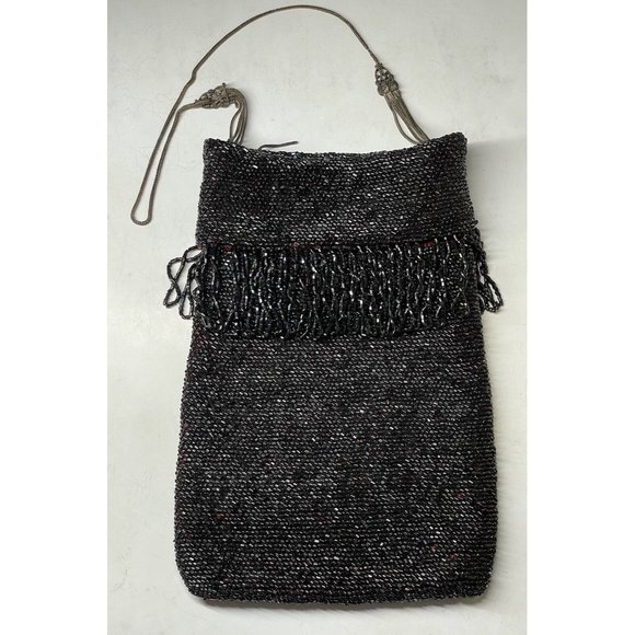 Antique Vintage 20th C.  Dark Black Red Beaded Flapper Art Deco Glass Purse Bag - Picture 3 of 16